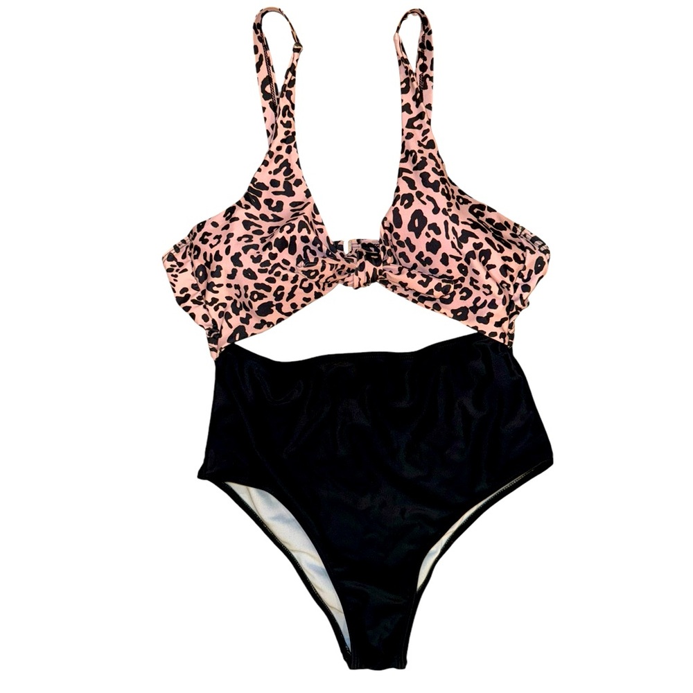 Women’s Pink And Black Leopard And Solid Black One Piece Bathing Suit. Size L.